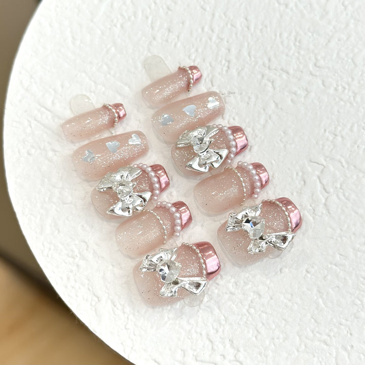 Elegant Bow-Embellished Press-On Nail Design