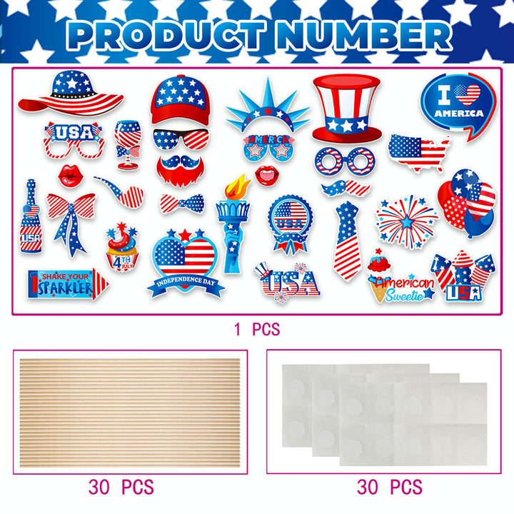 Unisex photo props set with self-adhesive USA-themed stickers, wooden sticks, and adhesive pads Kalsten