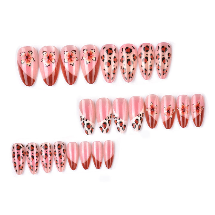 Artistic Press-On Nail Art Set with Floral and Leopard Designs