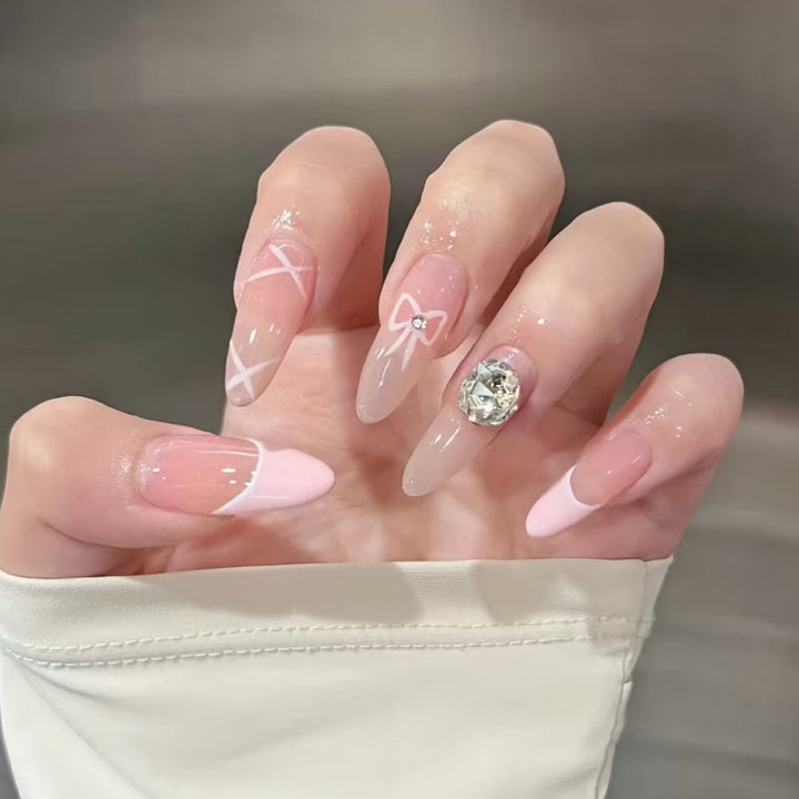 Artistic Press-On Nail Set with Floral and Gemstone Accents Kalsten