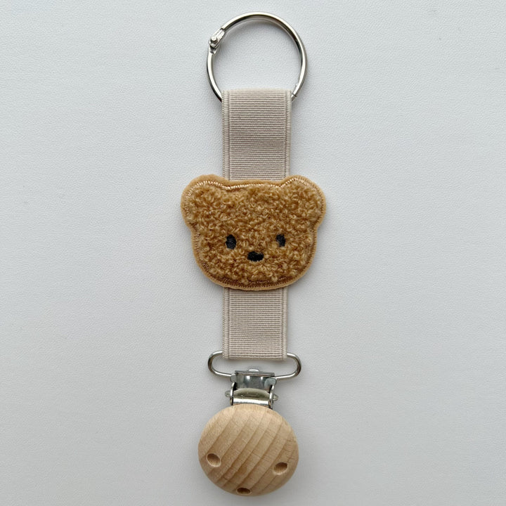 Plush Teddy Bear Pacifier and Teether Holder Strap with Wooden Safety Clip