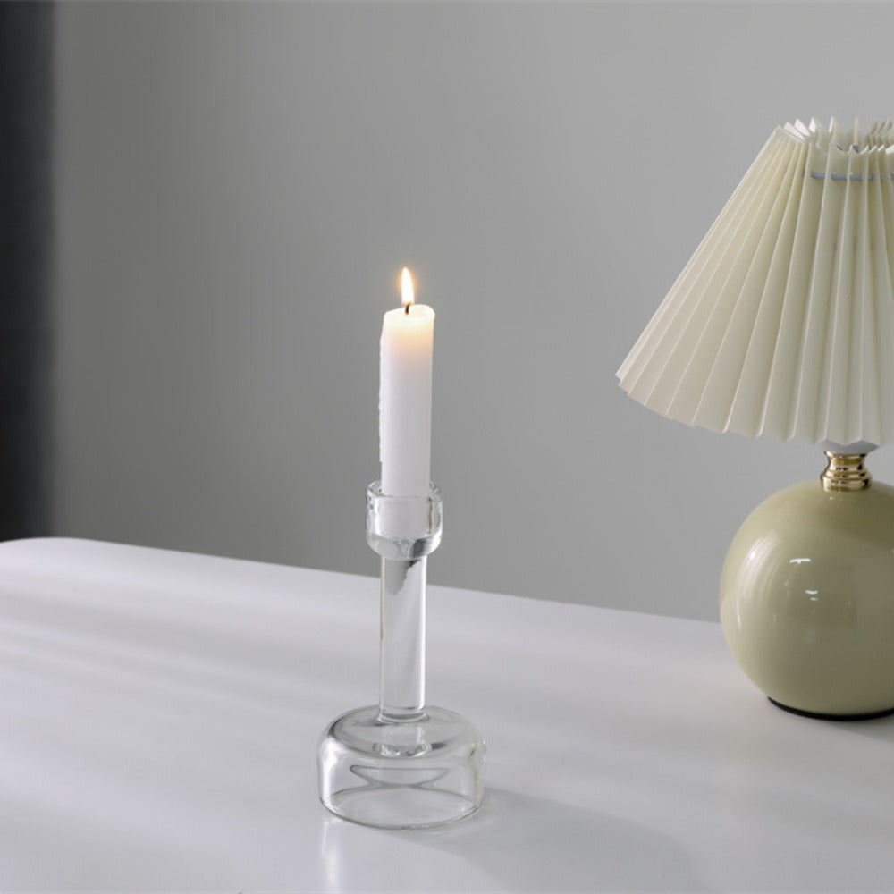 Minimalist Clear Glass Taper Candle Holder Pair with Weighted Base Kalsten