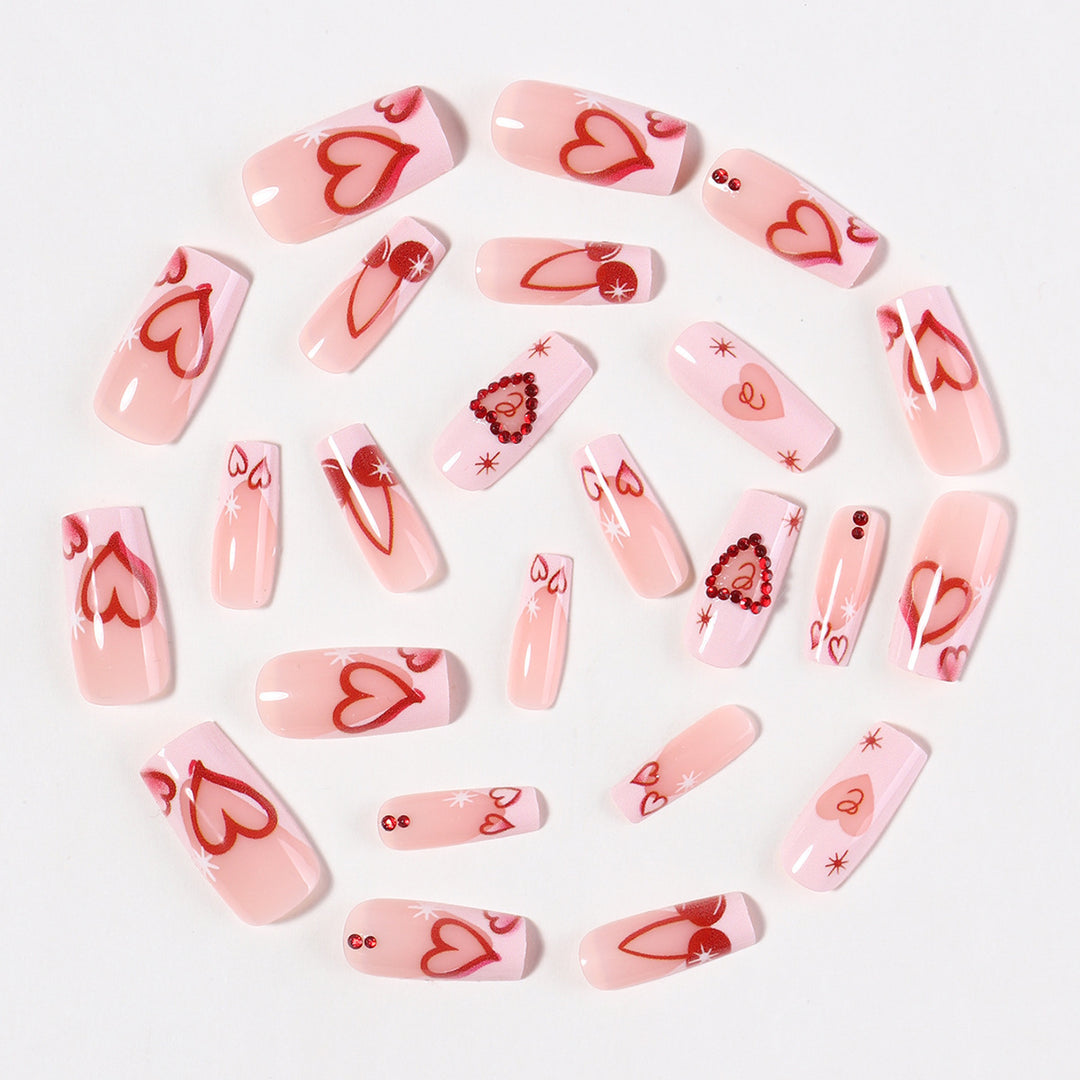 Artificial nail set with romantic heart designs and sparkling rhinestone decorations Kalsten