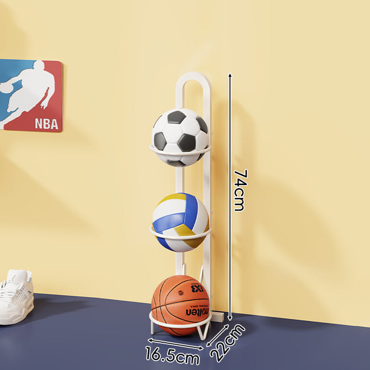 Vertical Sports Ball Storage Rack with Four Hoop Holders and Slim Metal Frame