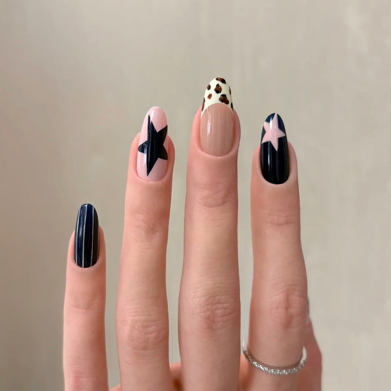 Artistic Press-On Nail Set with Unique Star and Animal Print Designs Kalsten