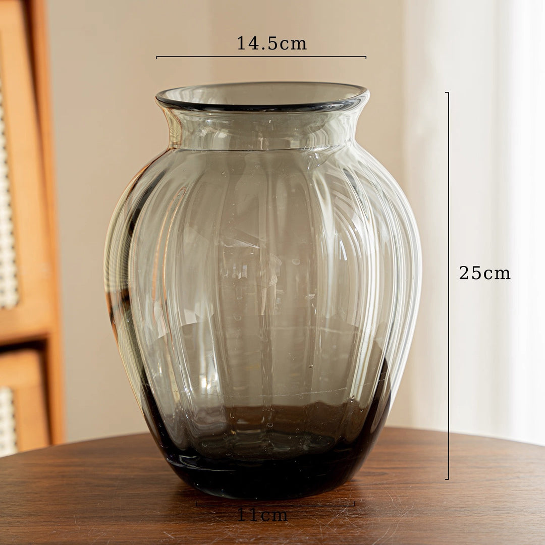 Handblown Ribbed Smoky Glass Bulb Vase with Narrow Neck Kalsten