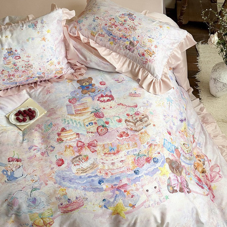 Romantic bedding set with ruffle pillow, cotton satin and watercolor cake & animal motif