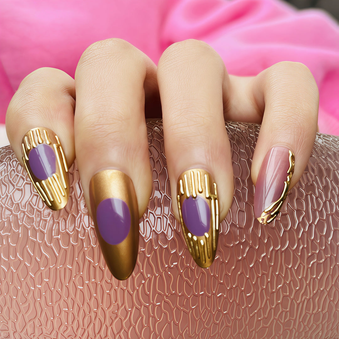Artistic Press-On Nail Set with Gold and Purple Accents Kalsten