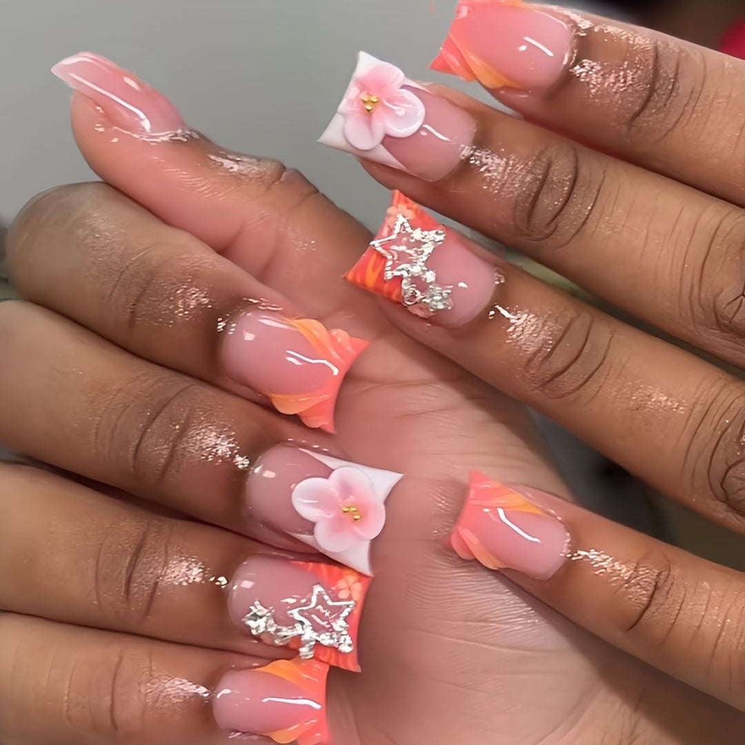 Artistic Press-On Nail Art Set with Floral and Gemstone Accents Kalsten