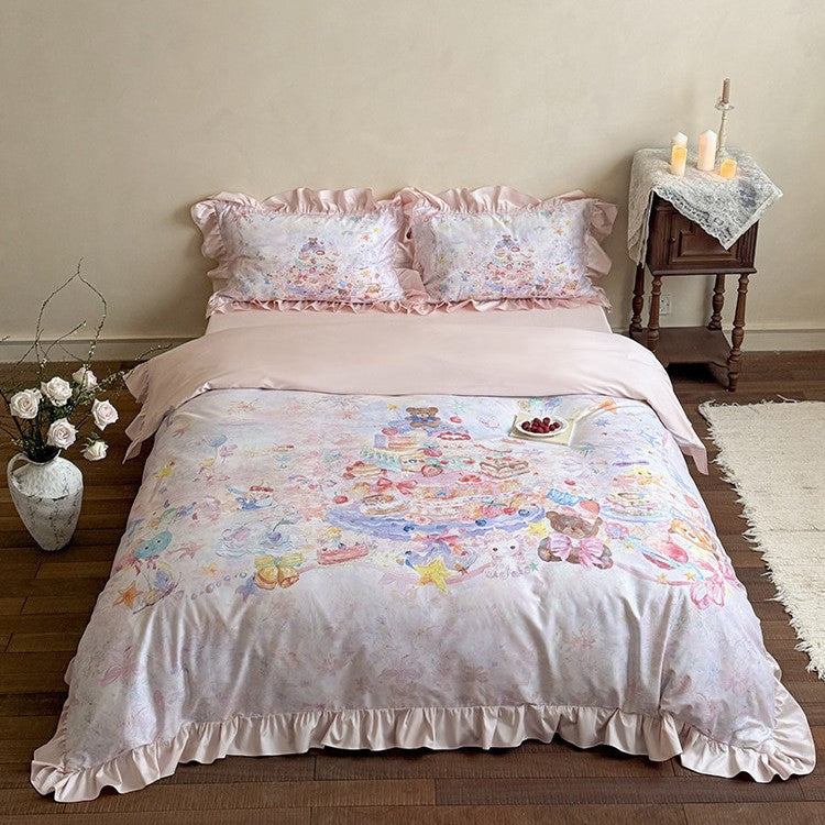 Romantic bedding set with ruffle pillow, cotton satin and watercolor cake & animal motif
