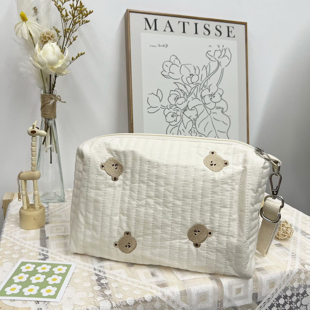 Quilted Padded Nursery Diaper Bag with Teddy Appliqué and Removable Strap
