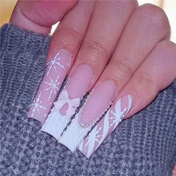 Decorative Press-On Nail Art with Pearl and Bow Accents Kalsten