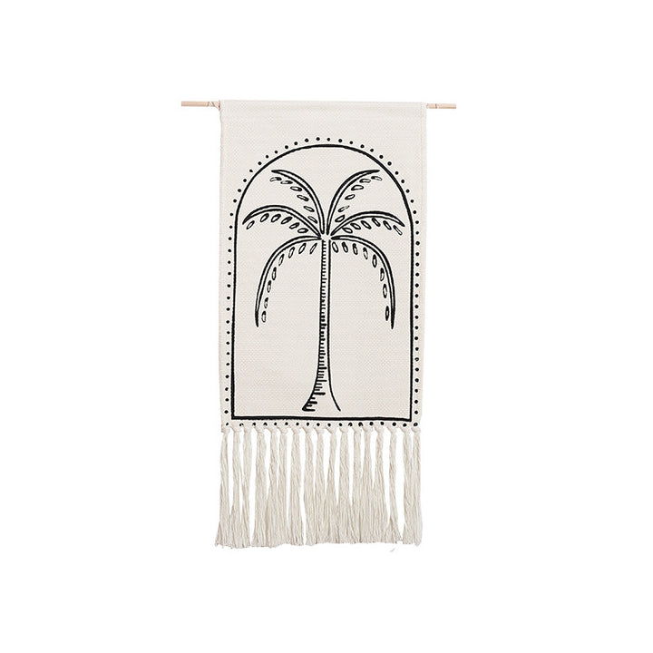 Cotton wall hanging with hand-drawn palm motif and long fringes