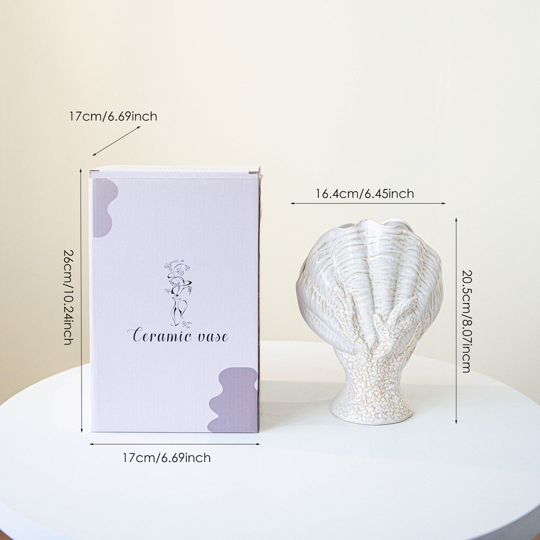 Engraved Glazed Ceramic Shell Table Vase Sculpture