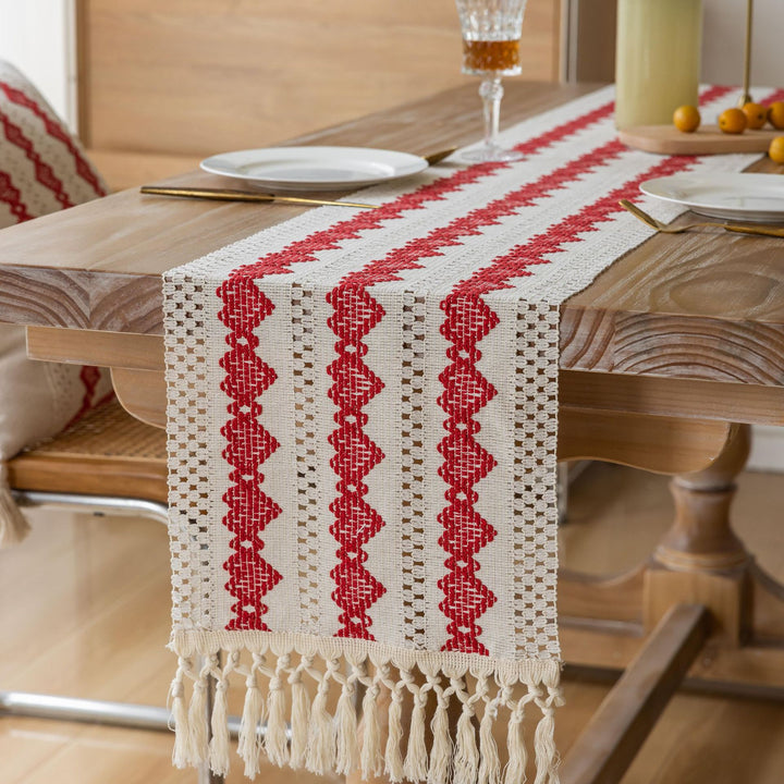 Handwoven Cotton Table Runner with Red Geometric Heart Stripe and Knotted Tassel Fringe