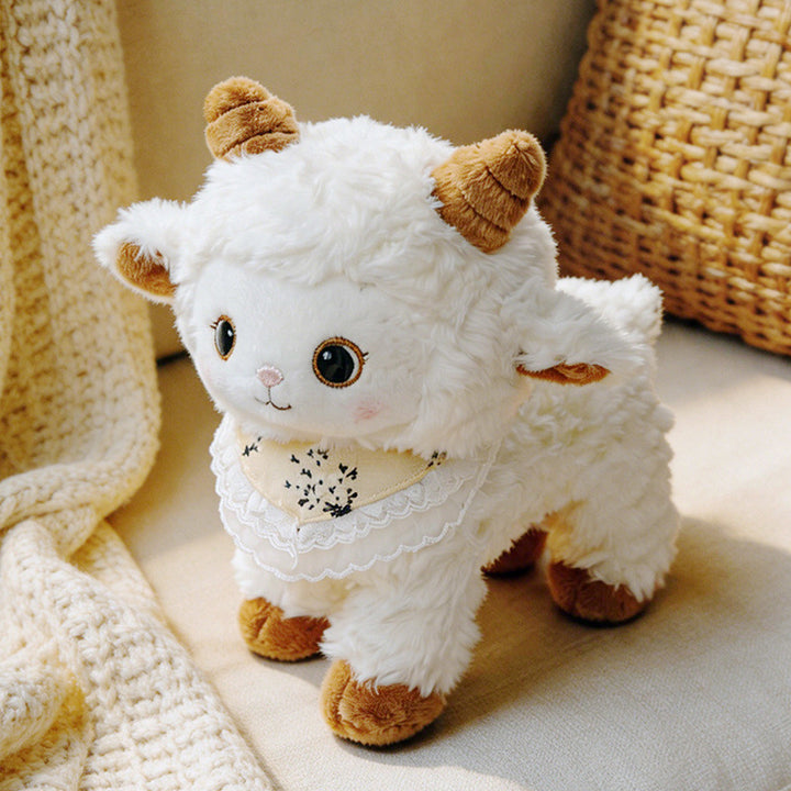Curled-Horn Ram Plush Collectible with Embroidered Face, Bow Collar & Soft Faux Fur Kalsten
