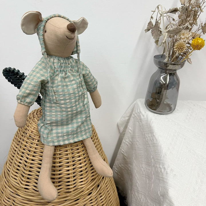 Handcrafted Organic Cotton Bunny Doll with Linen Jacket and Plaid Shorts