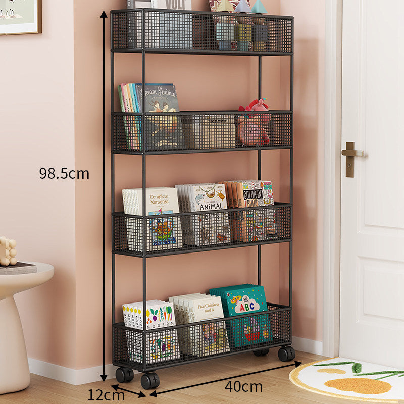 Industrial Metal Mesh Four-Tier Narrow Bookshelf Organizer