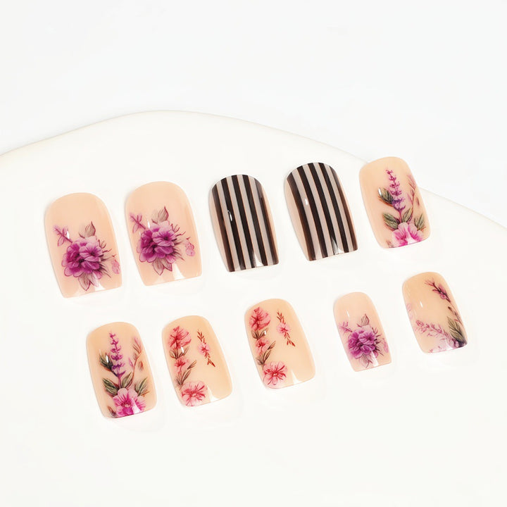 Artificial nails with floral and striped designs Kalsten
