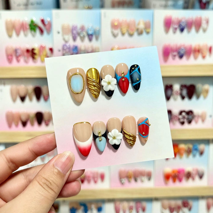 3D Floral Decorative Press-On Nails with Gem Accents