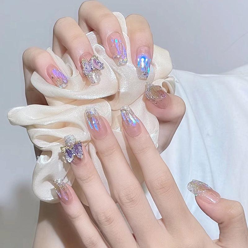 Acrylic Nail Set with Glitter and 3D Butterfly Decorations Kalsten
