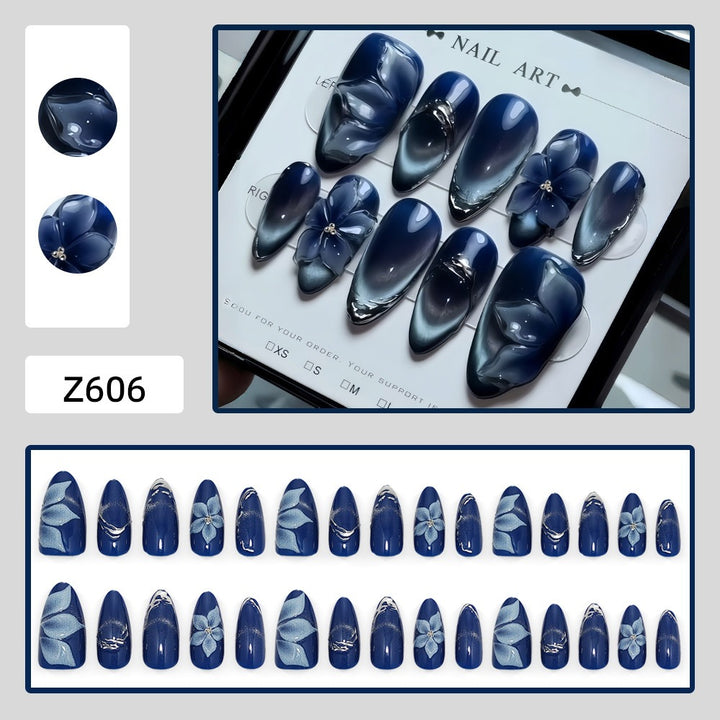 Acrylic Nail Set with Elegant Blue Ombre and Floral Design Kalsten