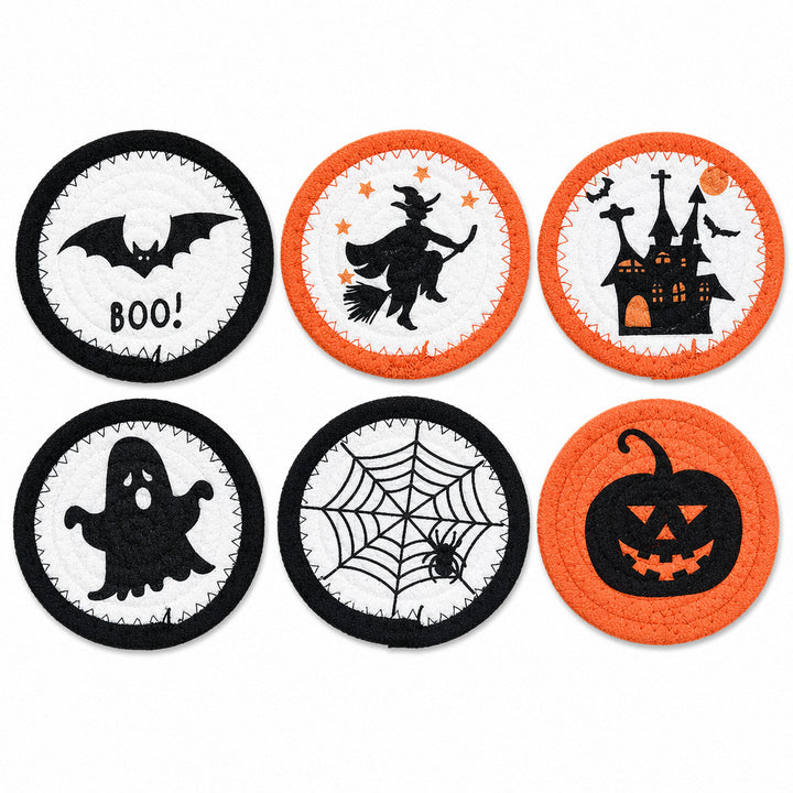 Round felt and cotton coasters with embroidered Halloween haunted house motif