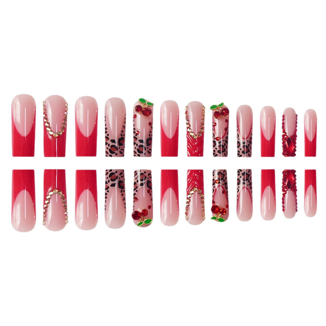 Decorative Long Press-On Nail Set with Gemstone and Floral Accents Kalsten