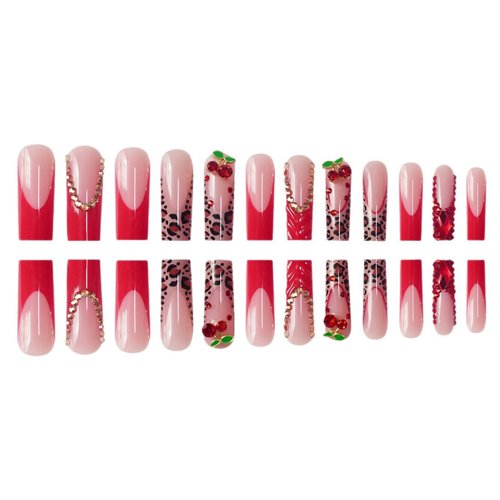 Decorative Long Press-On Nail Set with Gemstone and Floral Accents Kalsten