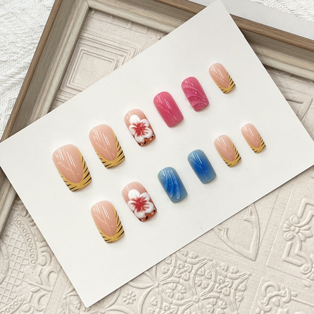 Artistic Press-On Nail Set with Floral and Wave Designs Kalsten