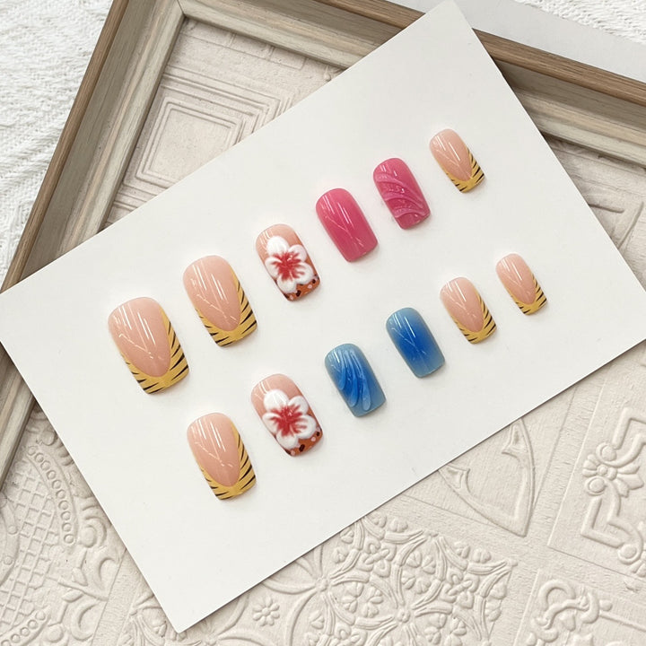 Artistic Press-On Nail Set with Floral and Wave Designs Kalsten