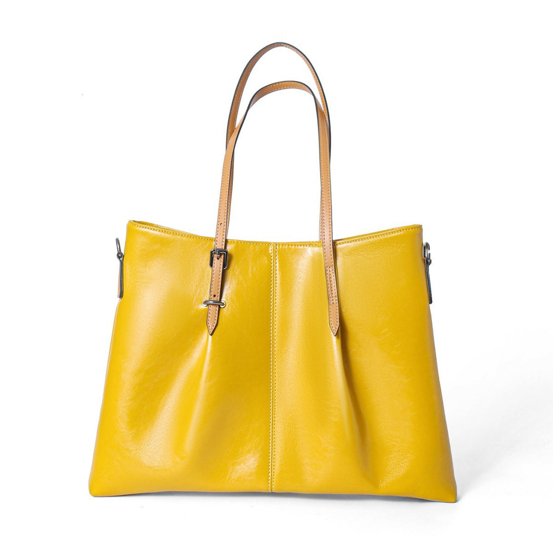 Large Glossy Leather Tote Shoulder Bag with Buckle Straps