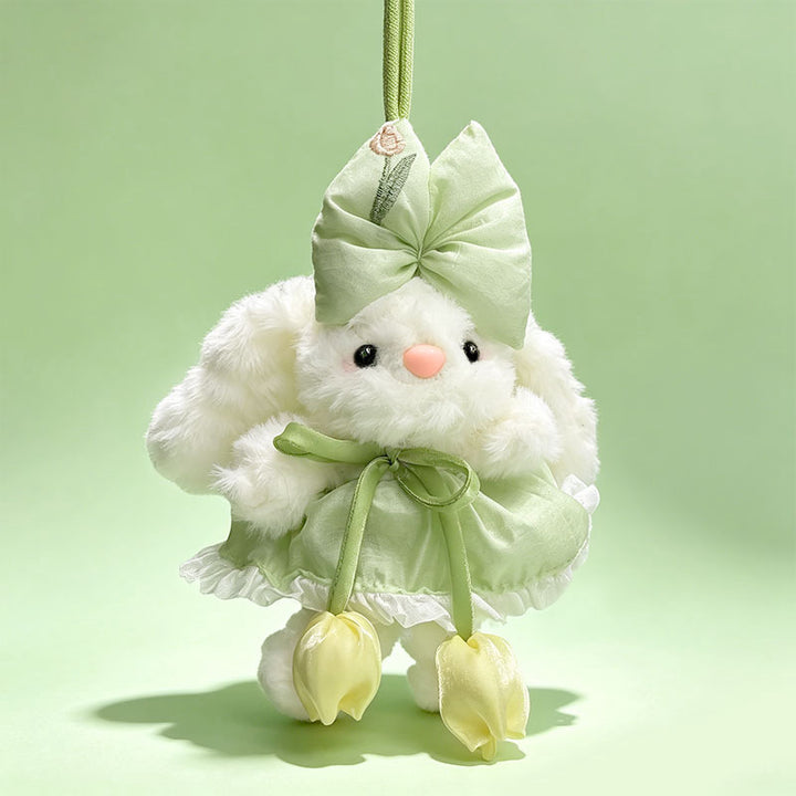 Plush Bunny Bag Charm Keychain with Decorative Bow and Floral Dress Kalsten