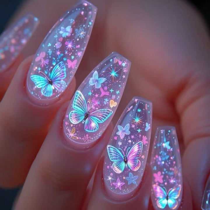Creative press-on nails with shimmering butterfly design Kalsten