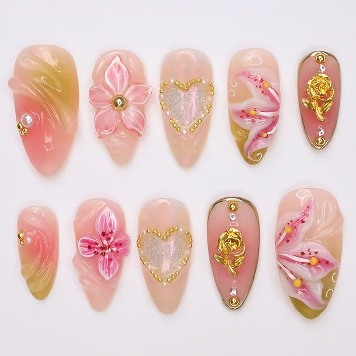 Artificial nail set with elegant floral decorations and glitter details Kalsten