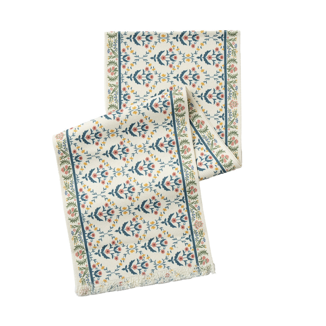 Vintage-inspired woven table runner with floral border and fringes Kalsten