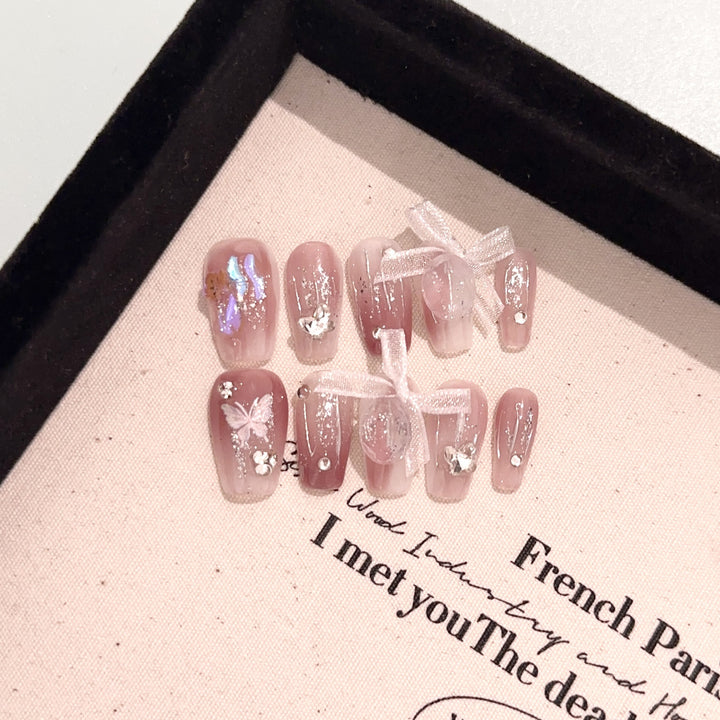 Elegant Decorative Press-On Nail Set with Butterfly Accents