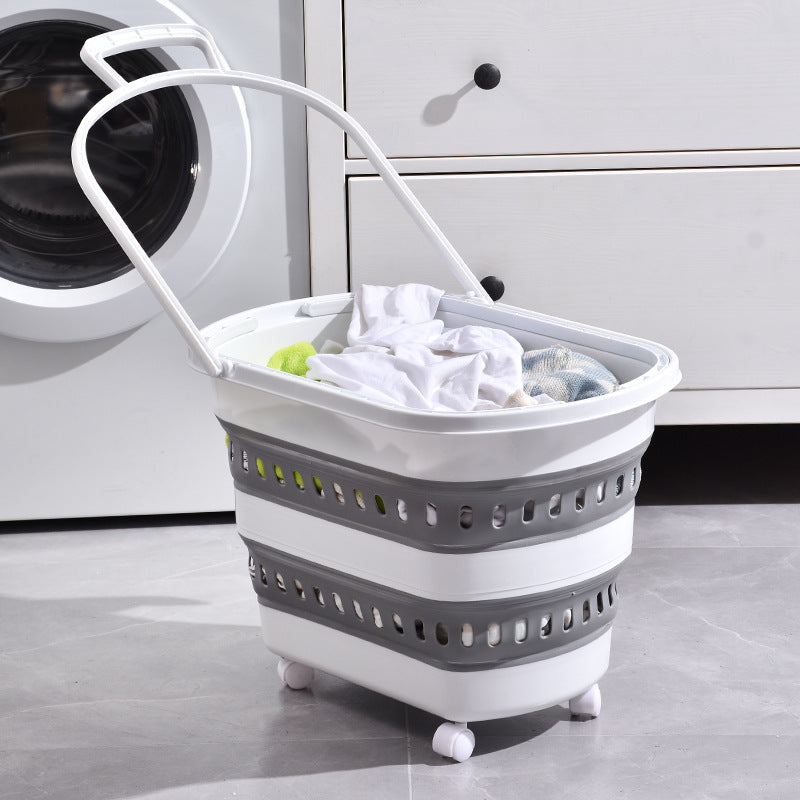 Foldable laundry basket with wheels, ventilation slots and carrying handle