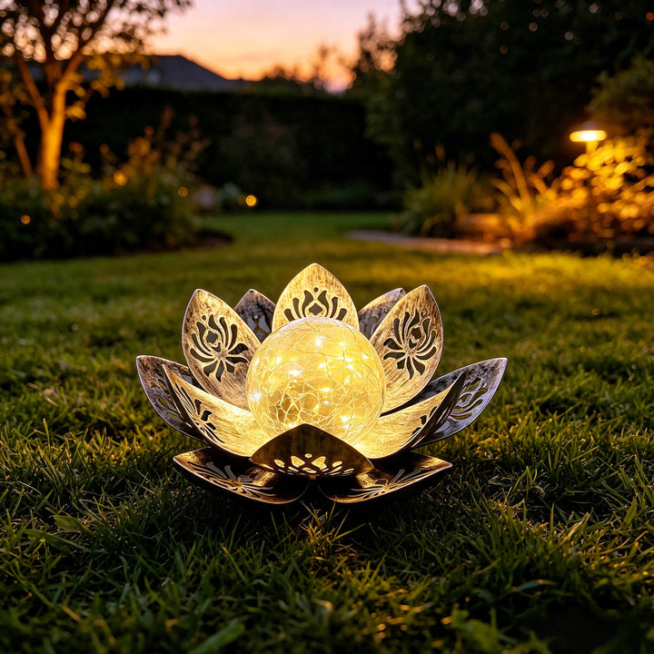Decorative Solar Lotus LED Garden Lantern With Crackle Glass Globe And Laser-Cut Metal Petals Kalsten
