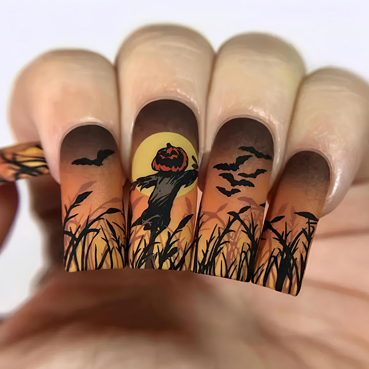 Halloween Artificial Nails with Creepy Pumpkin and Bat Design Kalsten