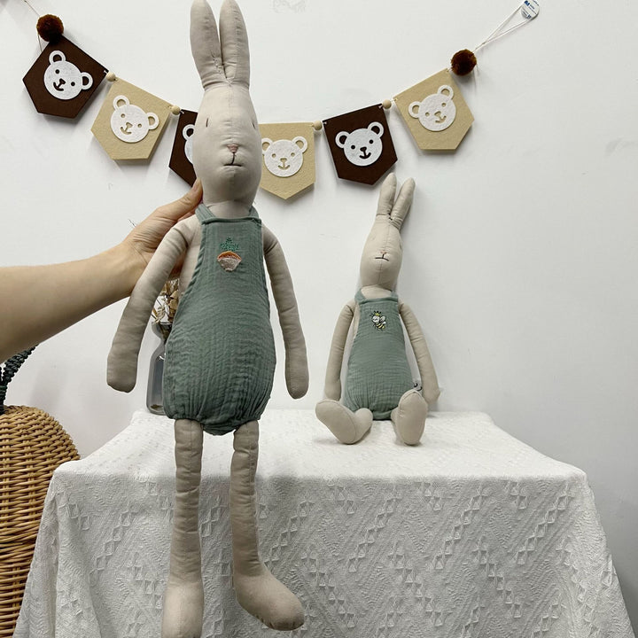 Soft Long‑Leg Linen Bunny Plush with Checkered Collar and Gathered Overalls