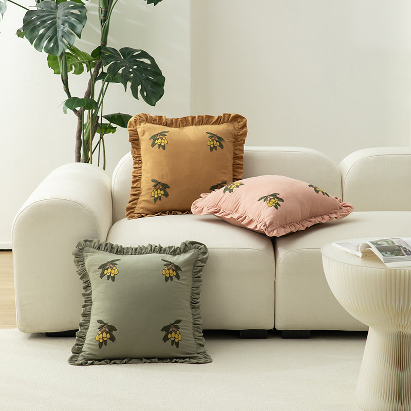 Square decorative cushion with frill edge and embroidered berry ornament made of cotton-linen Kalsten