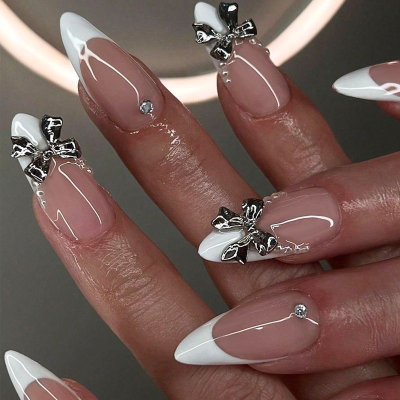 Acrylic Nail Set with Elegant Bows and Glamorous Accent Kalsten