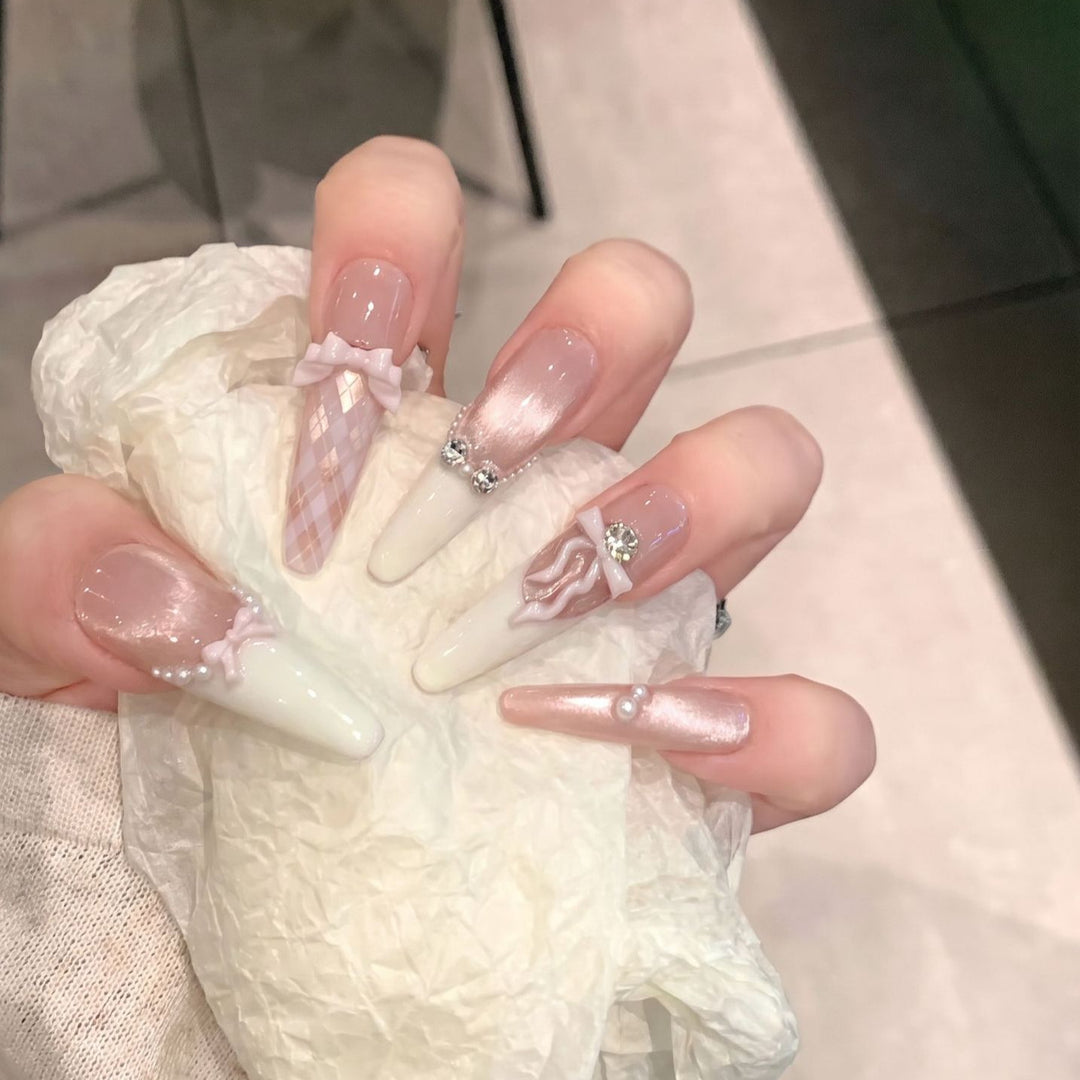 Elegant Stiletto Press-On Nail Set with Decorative Bow and Gem Accents Kalsten