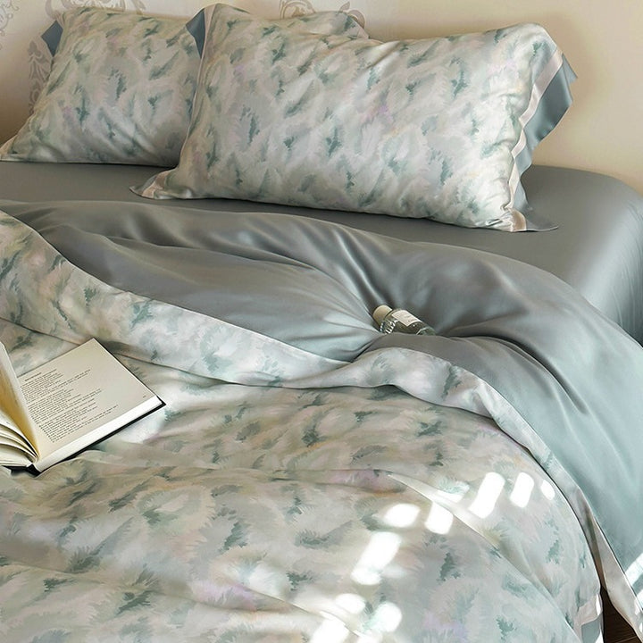 Premium-Duvet cover set made of Mako cotton with watercolor fern pattern and silk matte finish