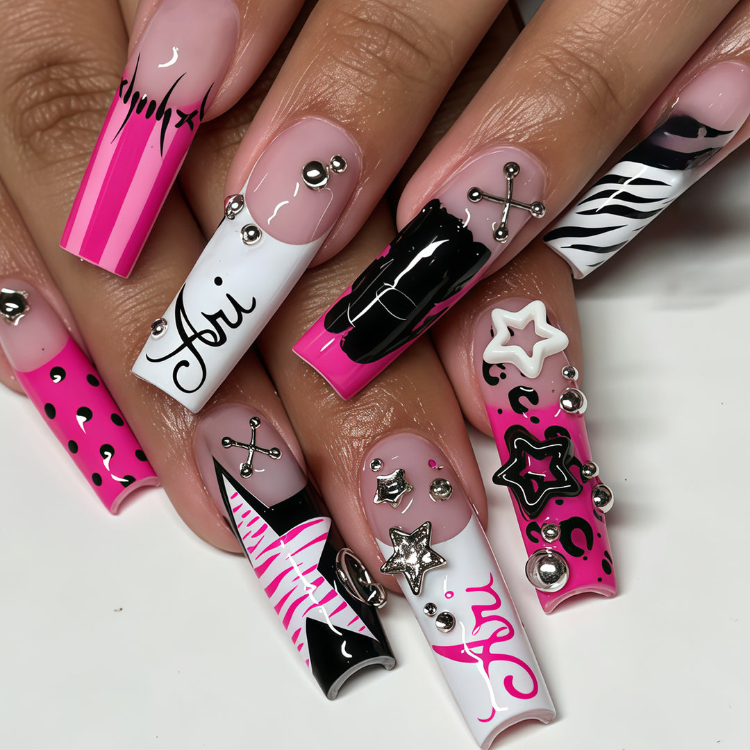 Artistic Press-On Nail Tips Set with Stylish Decals Kalsten