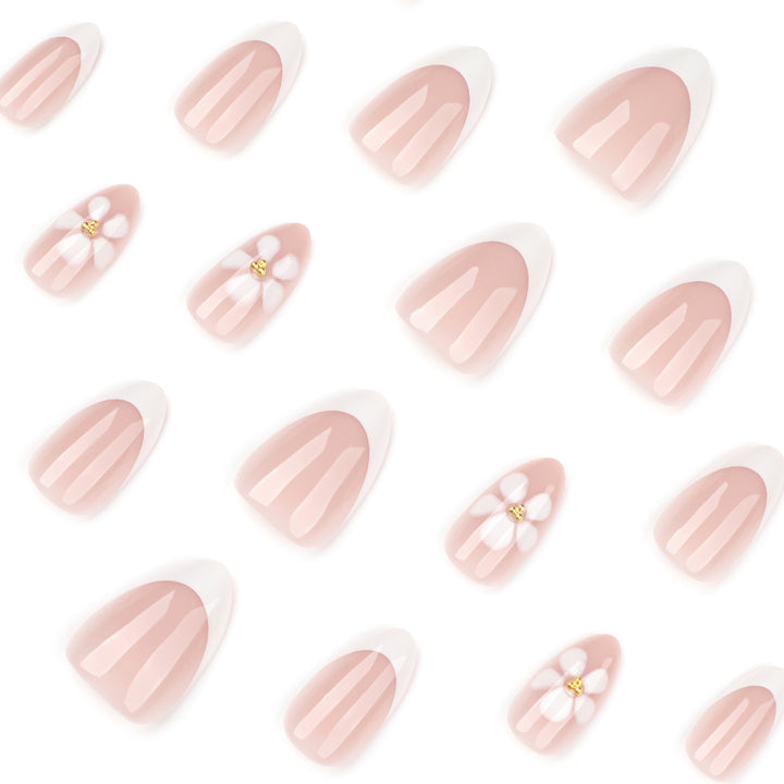 Artful nail extensions with flower design and elegant French tips Kalsten