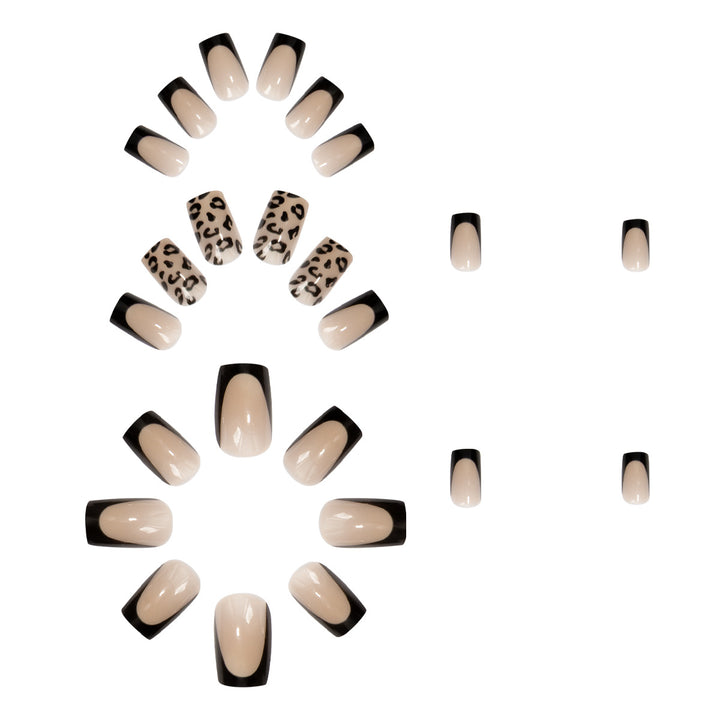 Artificial nail set with elegant leopard motif and black French design Kalsten