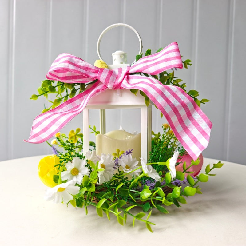 Decorative table lantern with artificial flowers and ribbon Kalsten