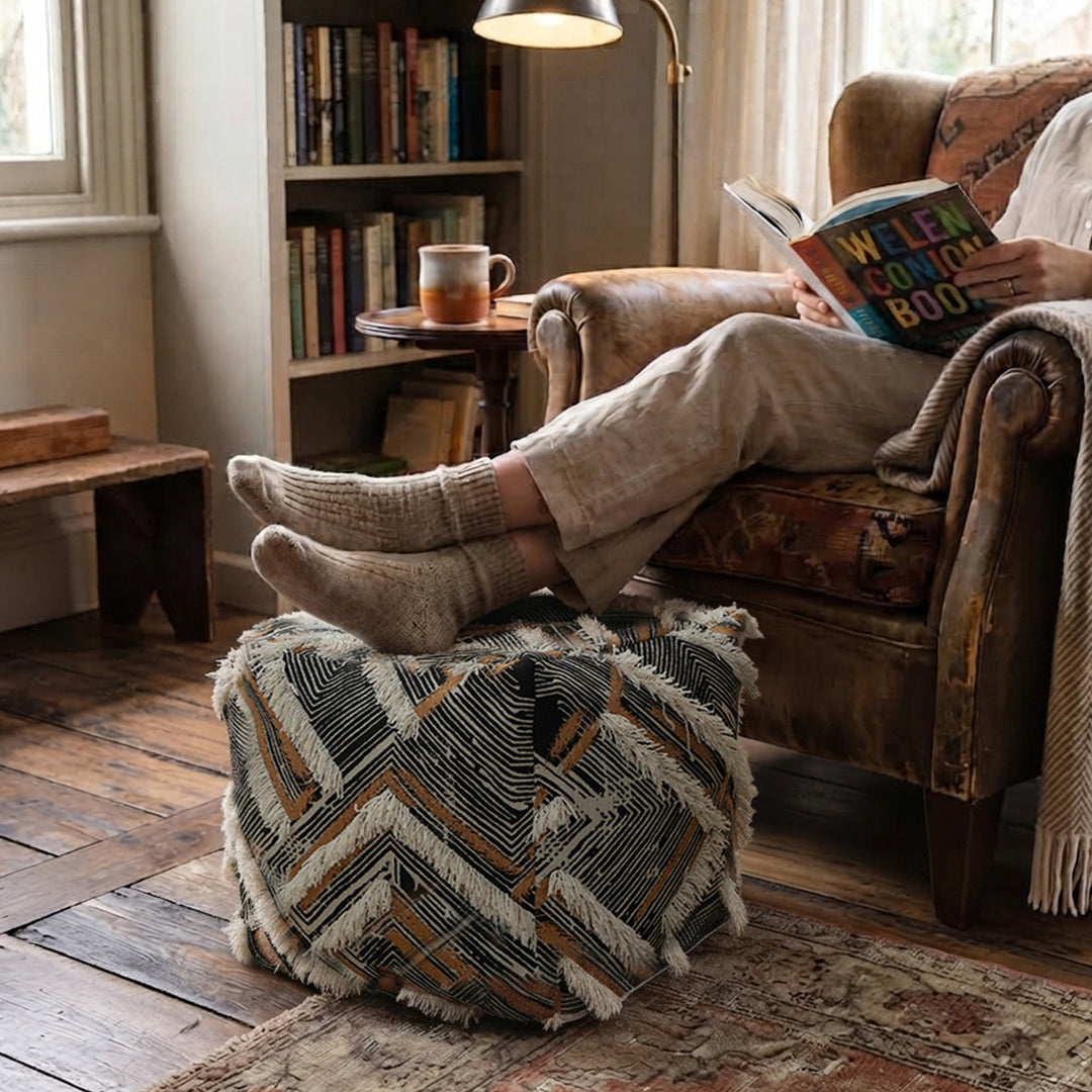 Filled floor seat pouf in ethnic jacquard with decorative fringes Kalsten